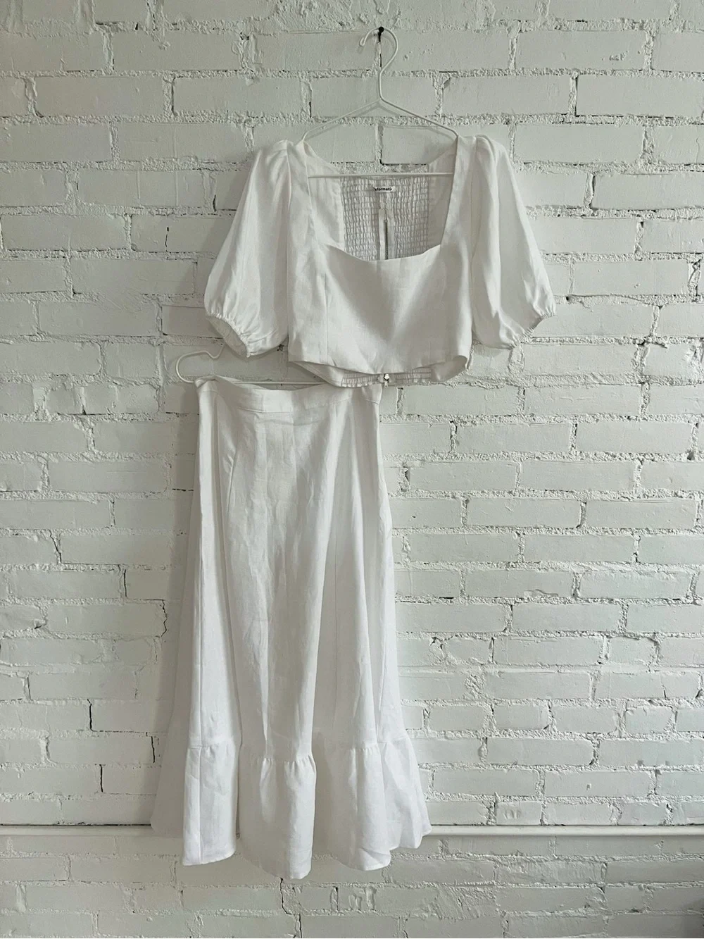 Reformation Yucca Linen Two Piece Set White Puff Sleeve Crop Top Skirt Size 2